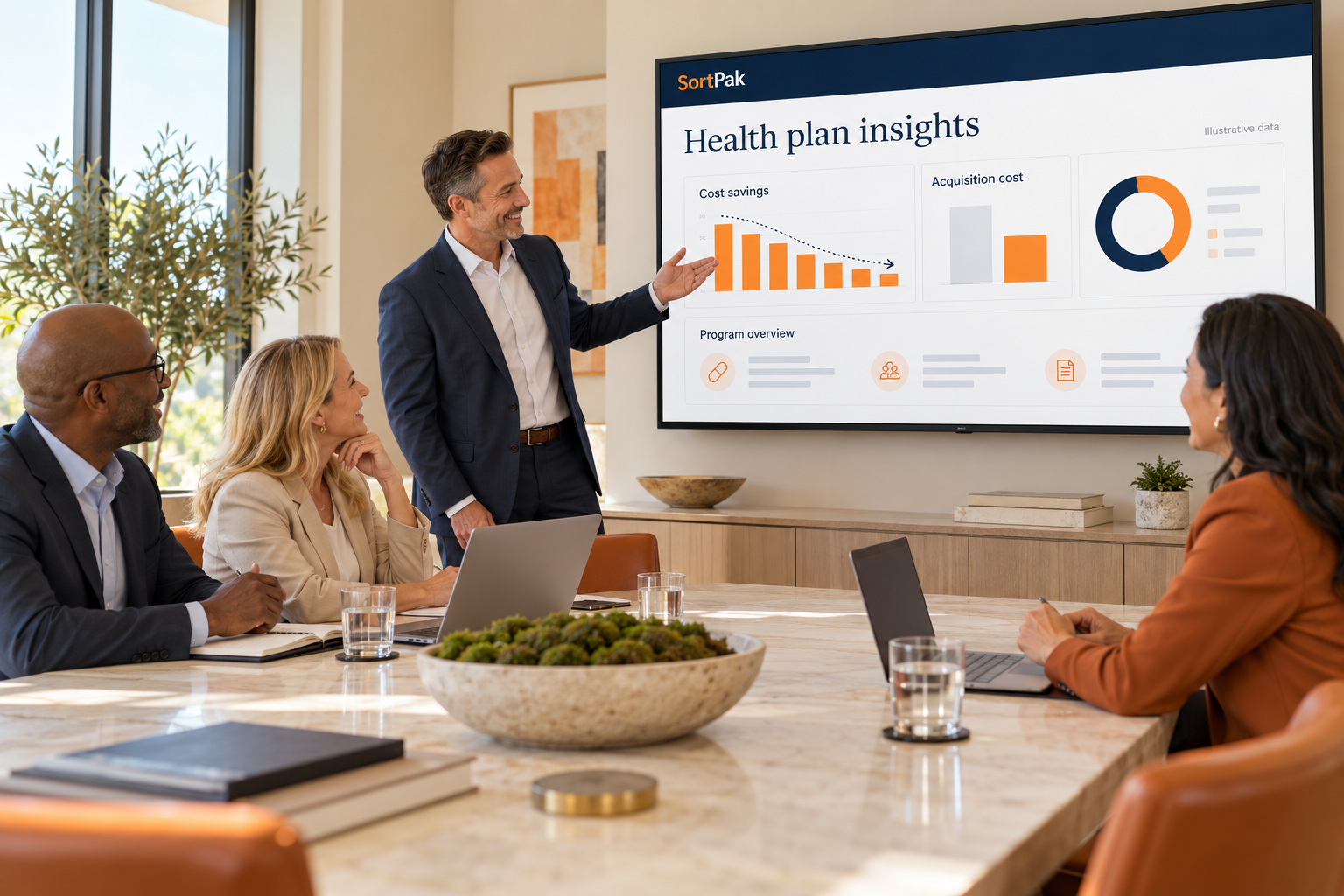Health plan executives review an illustrative cost savings dashboard with a SortPak executive in a bright conference room