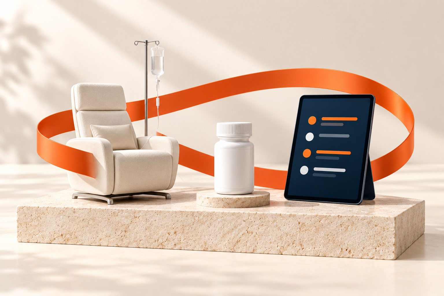 A sculptural orange loop connecting an infusion chair, oral medication bottle, and care portal display