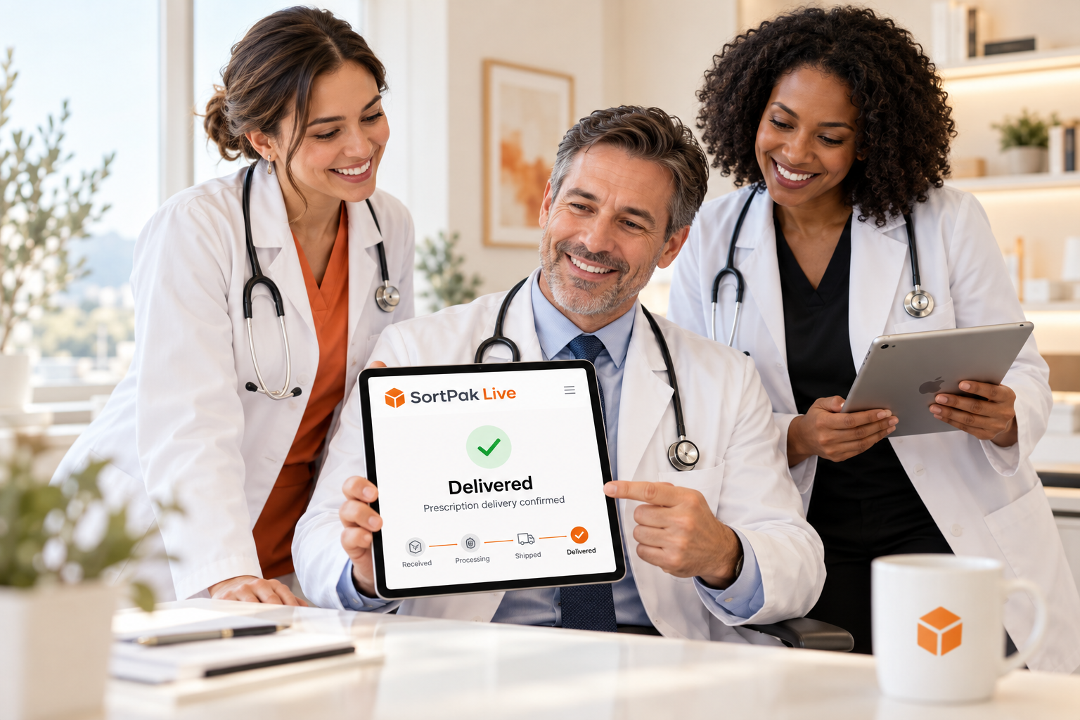 Happy physicians reviewing a Delivered prescription status in SortPak Live on an iPad
