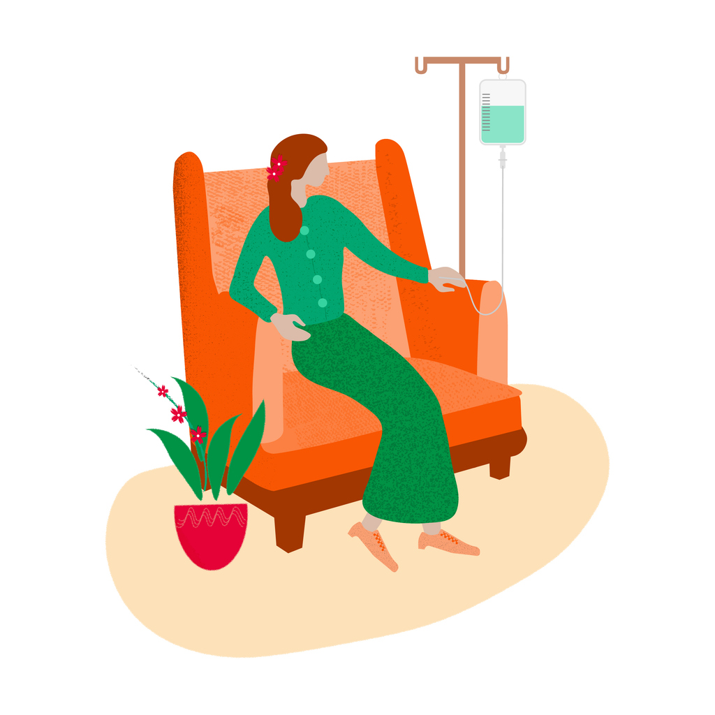 A female patient receiving an iv drip.