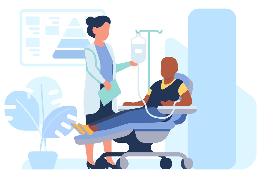 Man suffering from cancer disease. Patient receiving chemotherapy under care of physician. Hospital treatment. Oncology sickness. Ill male lying on bed with medical dropper. Vector concept